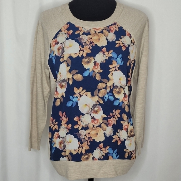 J Crew Merino Wool Floral Silk Panel 3/4 Sleeve Lightweight Sweater Top - Size M - Picture 4 of 14